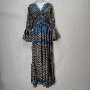 Silk Blend Floral Print Tiered Prairie‎ Dress Smocked Waist Boho Flower Child